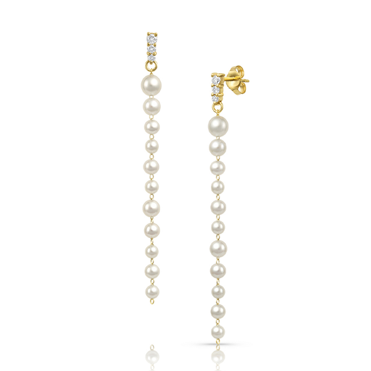 Long Dangle Pearl Earrings with Diamond Top