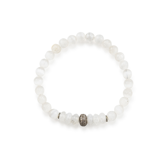 Faceted Moonstone, Selenite & Oxidized Silver w/ Diamond Stretch Bracelet