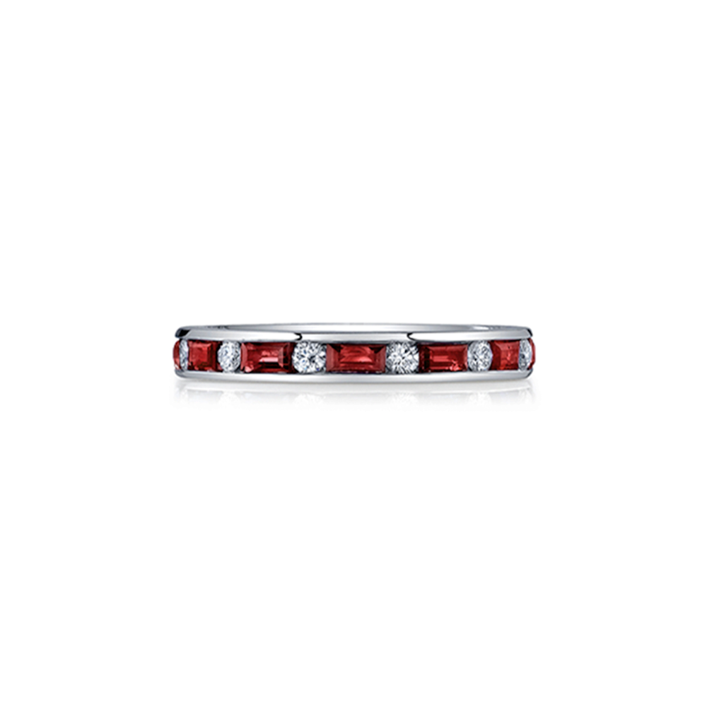 Ruby Baguettes & Round White Diamond Channel Set Eternity Band