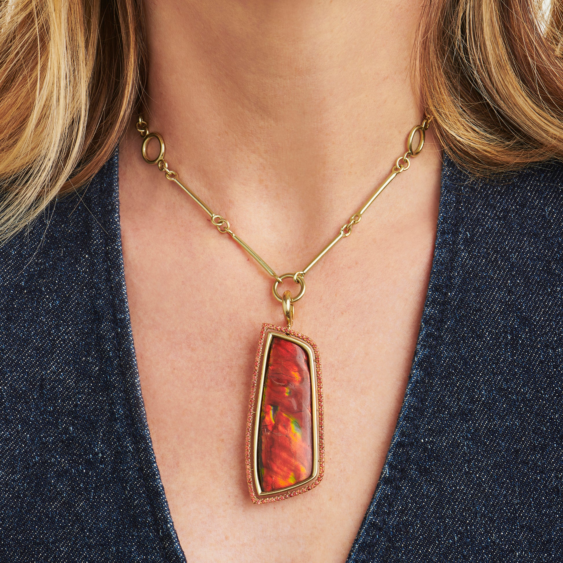 Ammolite Pendant with Orange Sapphires