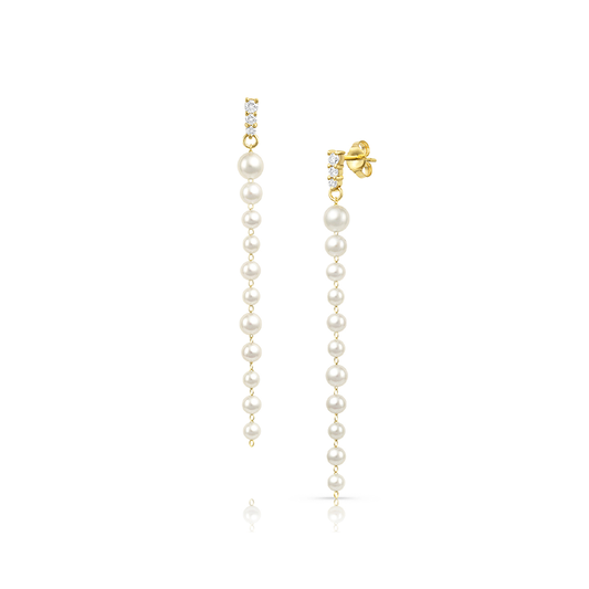 Long Dangle Pearl Earrings with Diamond Top