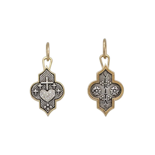 Two Tone Diamond Crossed Heart & Flower Charm