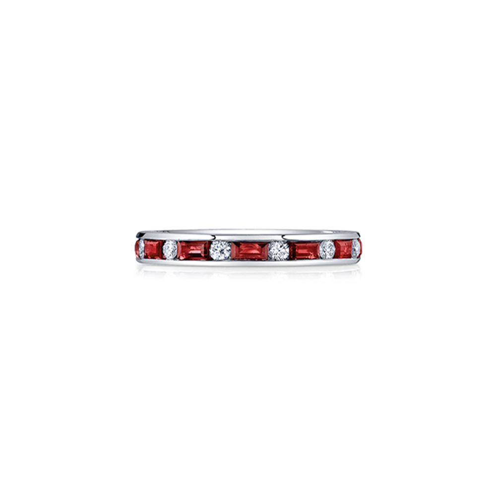 Ruby Baguettes & Round White Diamond Channel Set Eternity Band